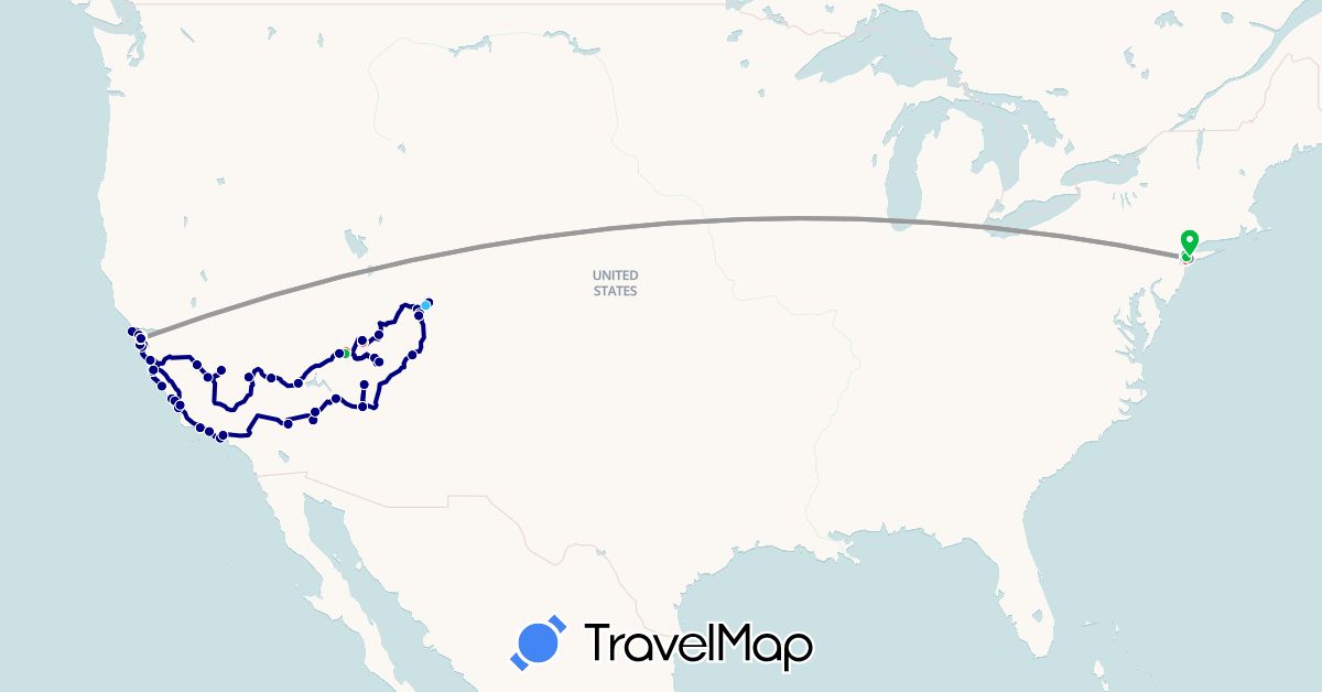TravelMap itinerary: driving, bus, plane, cycling, hiking, boat in United States (North America)
